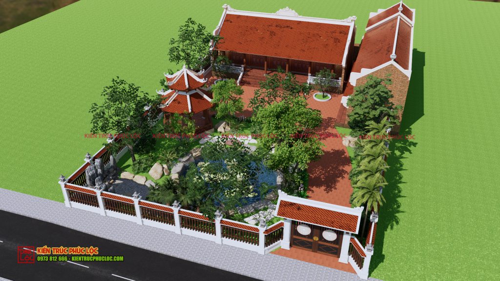 Bản vẽ 3D nhà gỗ sân vườn 5 gian