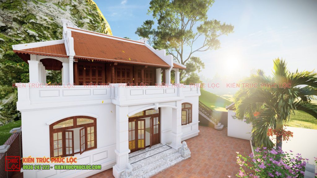 Khối công trình gồm có phía bên trên là căn nhà gỗ phía dưới là nhà hiện đại