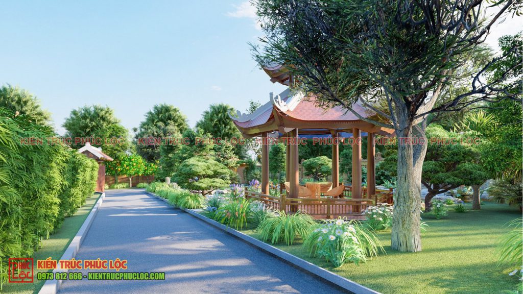 Chòi lục giác là phần tiểu cảnh đẹp nhất trong quần thể sân vườn xanh mát và là hồn cốt của không gian ngoại cảnh nhà cổ
